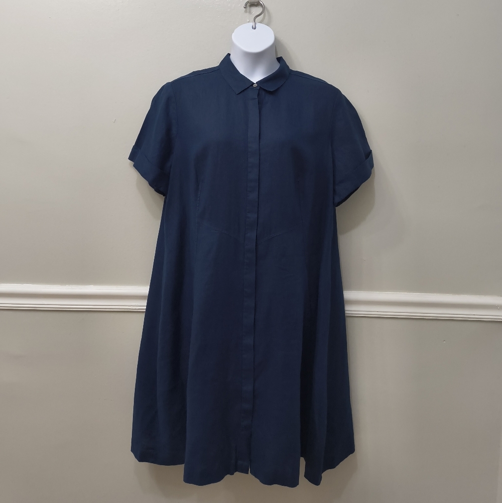 J. Jill Love Linen Navy Shirt Dress 100% Linen Minimalist Lagenlook (Tiny Flaw)
